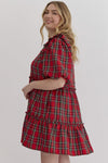 Entro Plus Red, green, and cream plaid ruffle tiered dress