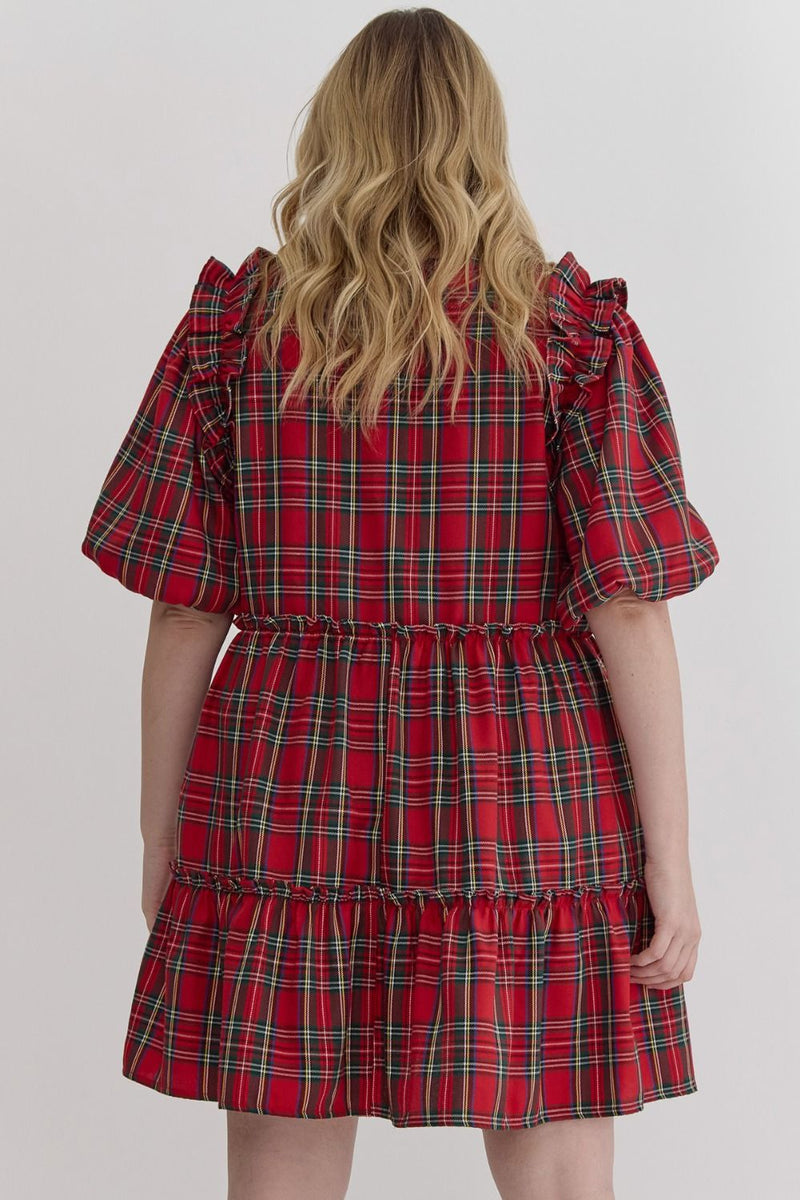 Entro Plus Red, green, and cream plaid ruffle tiered dress