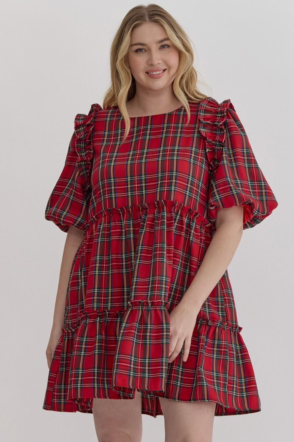 Entro Plus Red, green, and cream plaid ruffle tiered dress