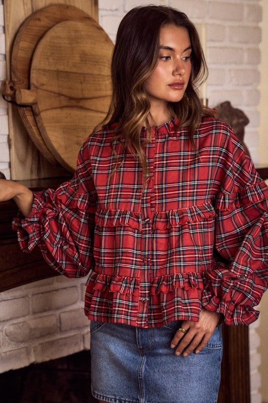 Women's red and green plaid button front top with ruffle trim by So Me
