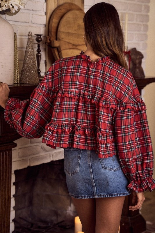 Women's red and green plaid button front top with ruffle trim by So Me showing back view