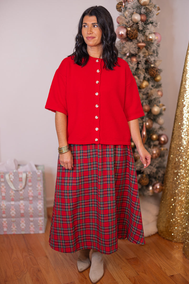 Women's red and green plaid midi skirt by Entro, perfect for Christmas church services