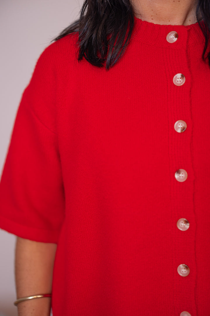 Women's red brushed sweater knit button front top by Wishlist showing button details