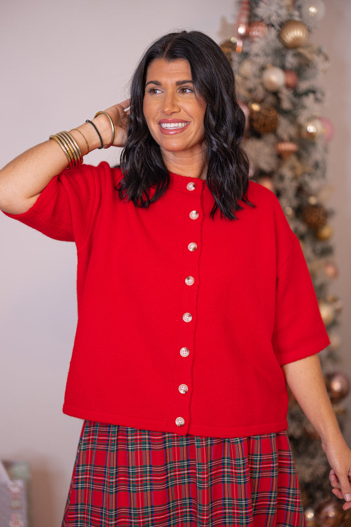 Women's red brushed sweater knit button front top by Wishlist