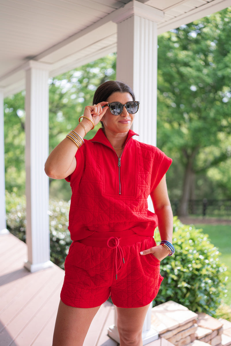 red quilted shorts matching set