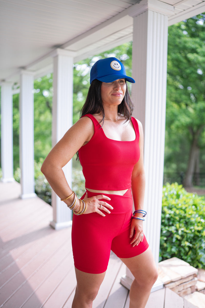 red ribbed biker shorts