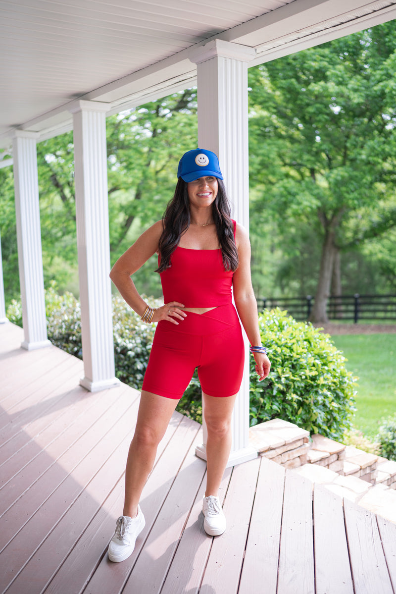 red ribbed biker shorts