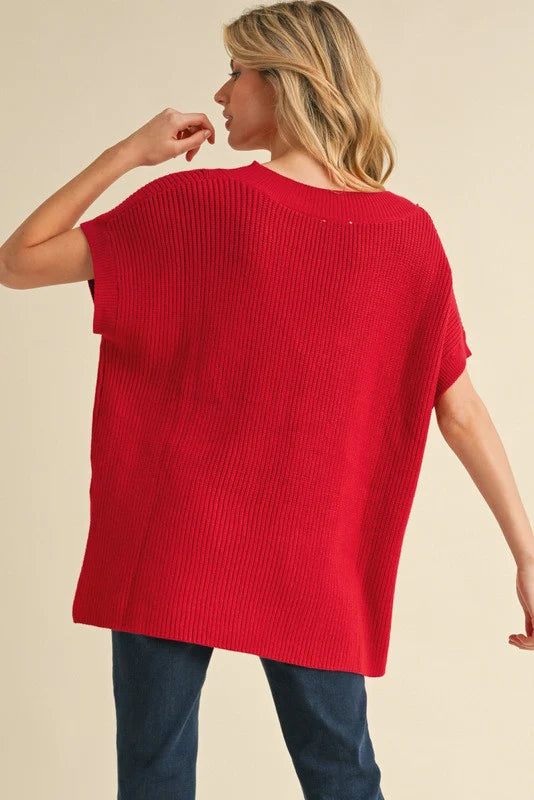 Jodifl Red ribbed boxy sweater with a v neckline and short dolman sleeves