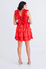 Karlie Red satin ruffle layer tiered dress with a smocked bodice and ruffled details