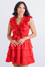 Karlie Red satin ruffle layer tiered dress with a smocked bodice and ruffled details