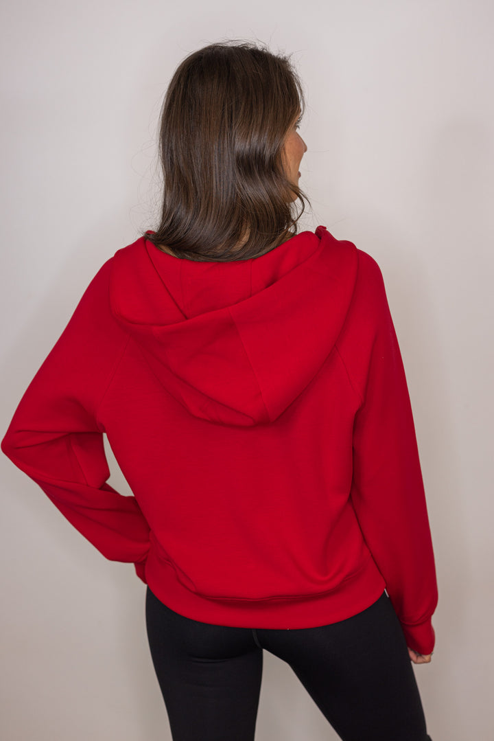 red scuba knit quarter zip hoodie