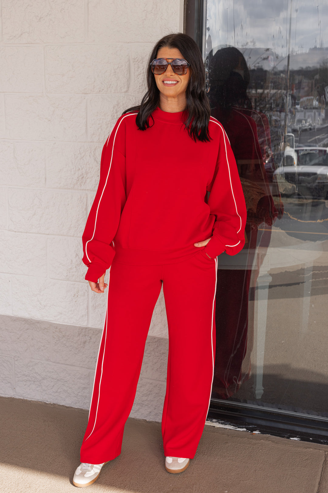 Women's red scuba knit mock neck top by Rae Mode showing full front view