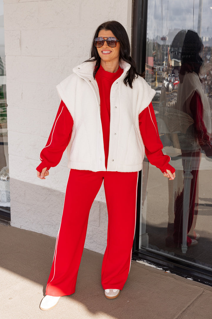 Women's trendy red and ivory scuba knit straight leg pants by Rae Mode