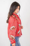 red sequin football shacket