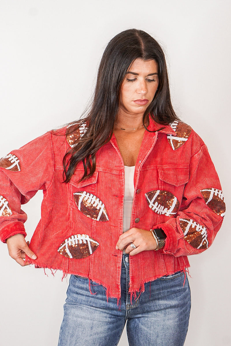 red sequin football shacket