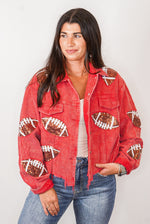 red sequin football shacket