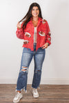 red sequin football shacket