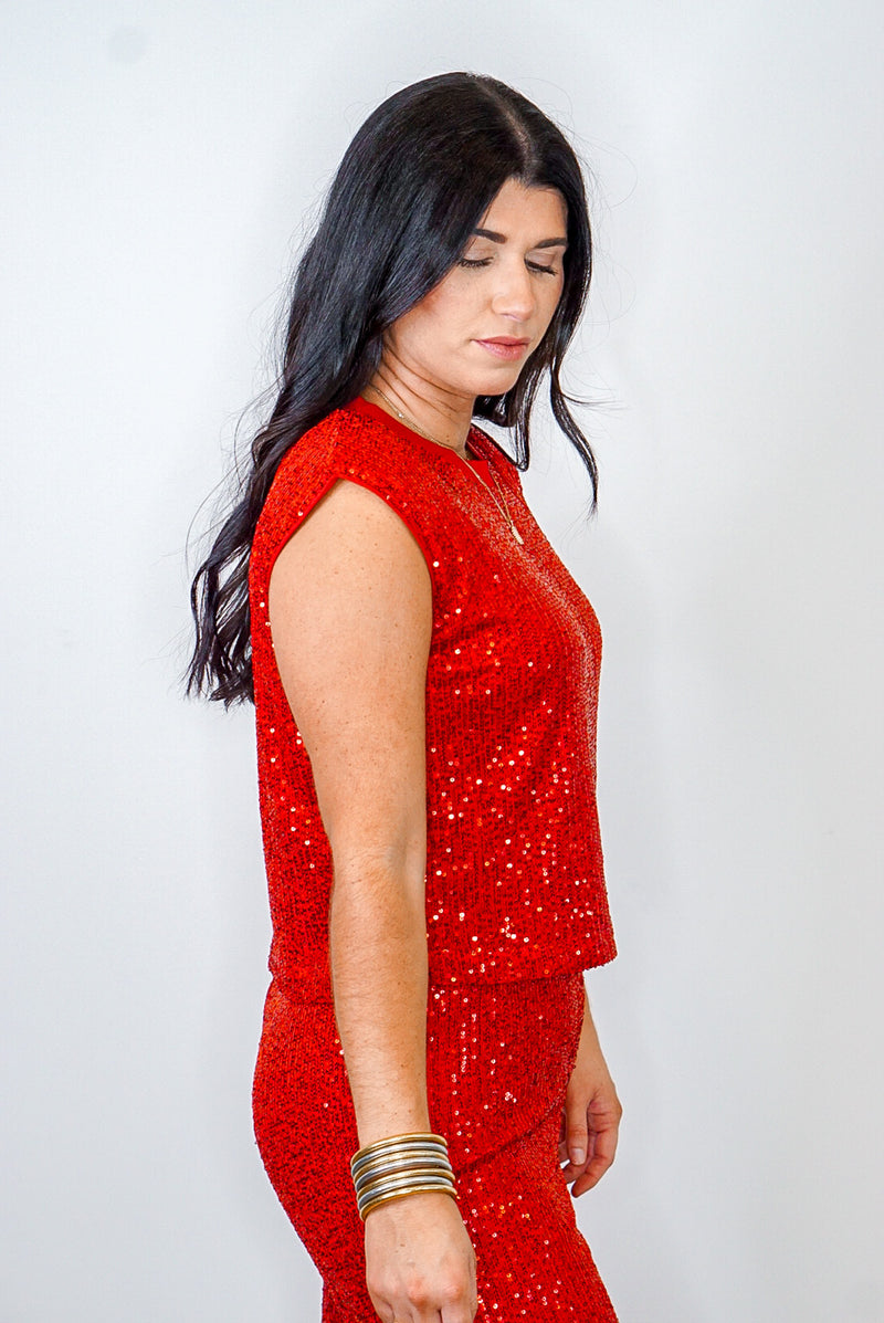 red sequin two piece set