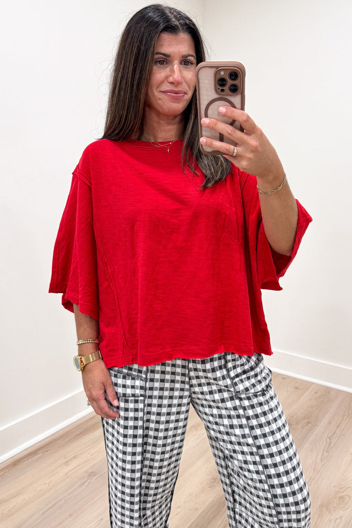 solid red drop shoulder short sleeve oversized boxy cotton slub t-shirt
