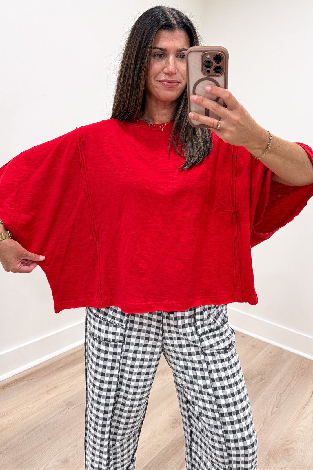 solid red drop shoulder short sleeve oversized boxy silhouette cotton slub t-shirt