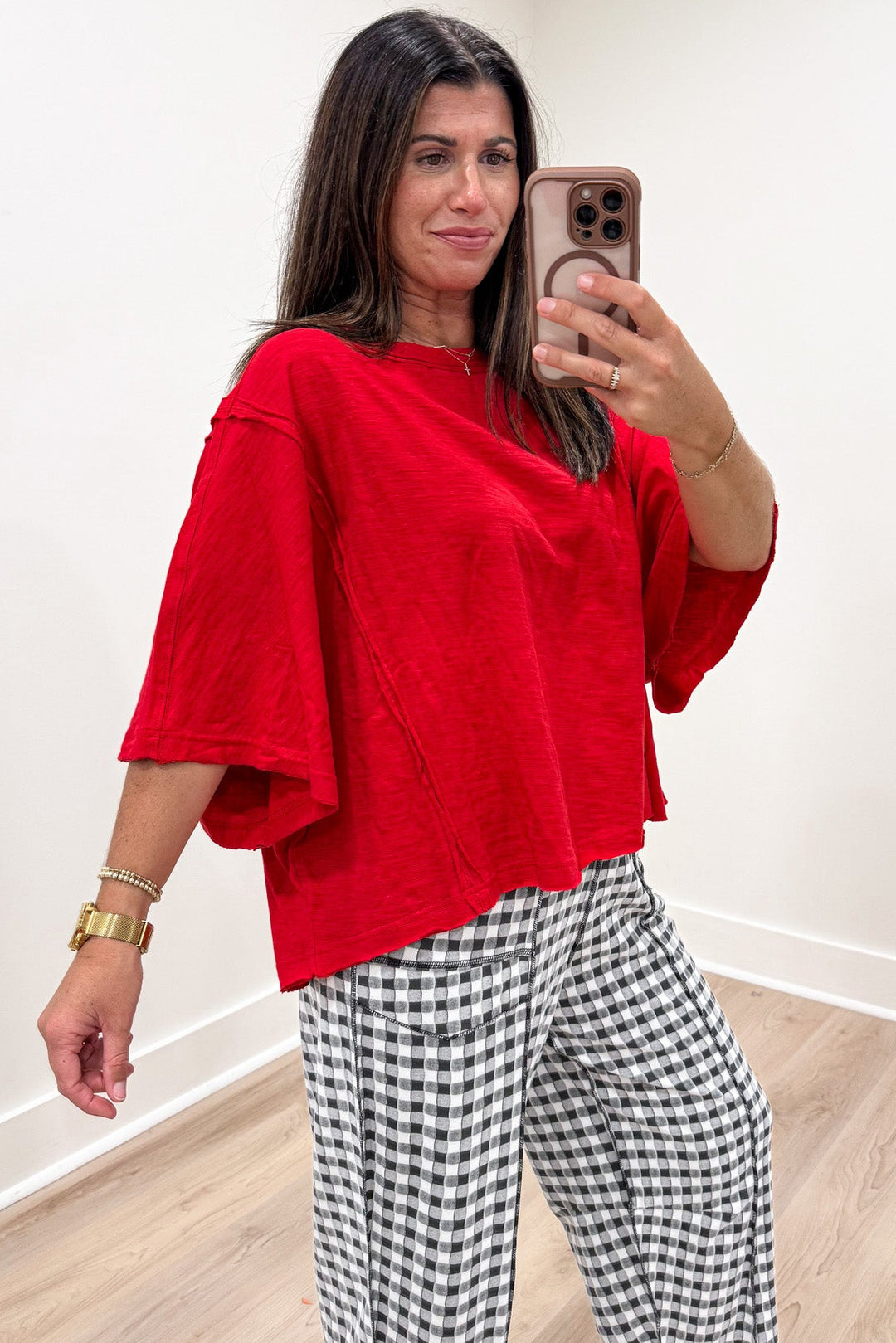solid red dropped shoulder wide short sleeve oversized boxy cotton slub t-shirt