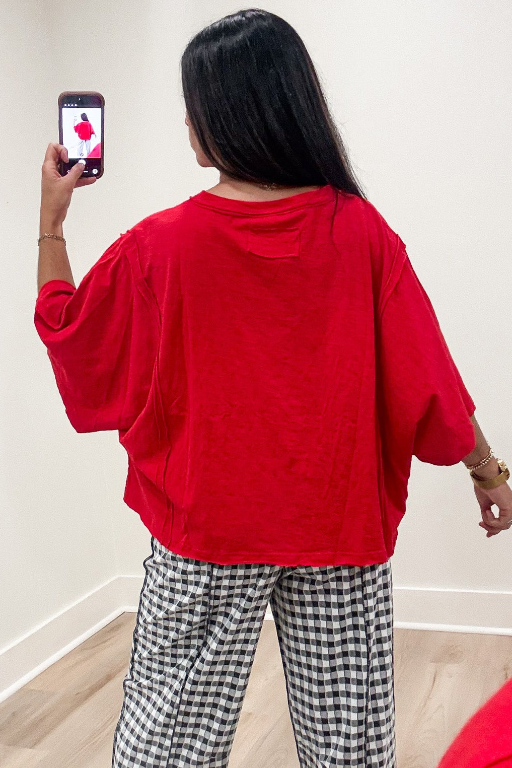 solid red drop shoulder short sleeve oversized boxy cotton slub t-shirt with raw edge hem