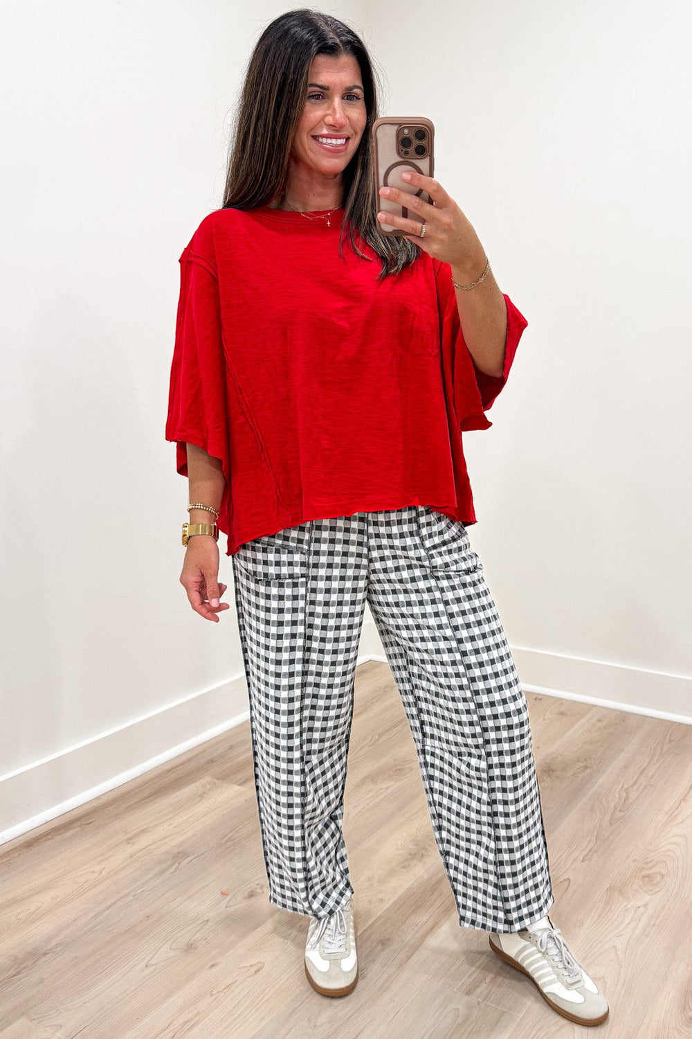 solid red drop shoulder short sleeve crew neckline oversized boxy cotton slub t-shirt