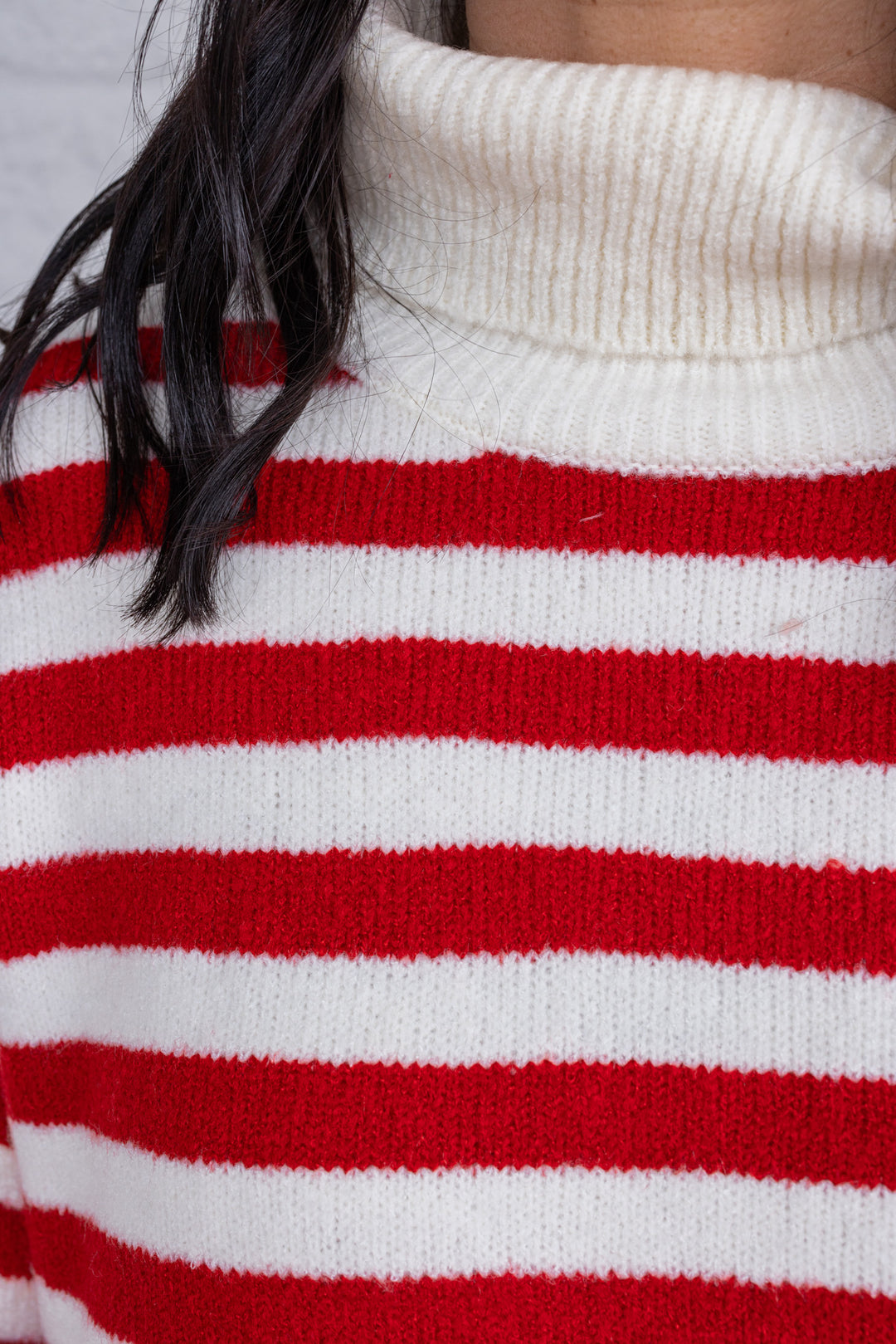Women's red and cream striped knit cropped turtleneck sweater by hyfve showing ribbed turtleneck