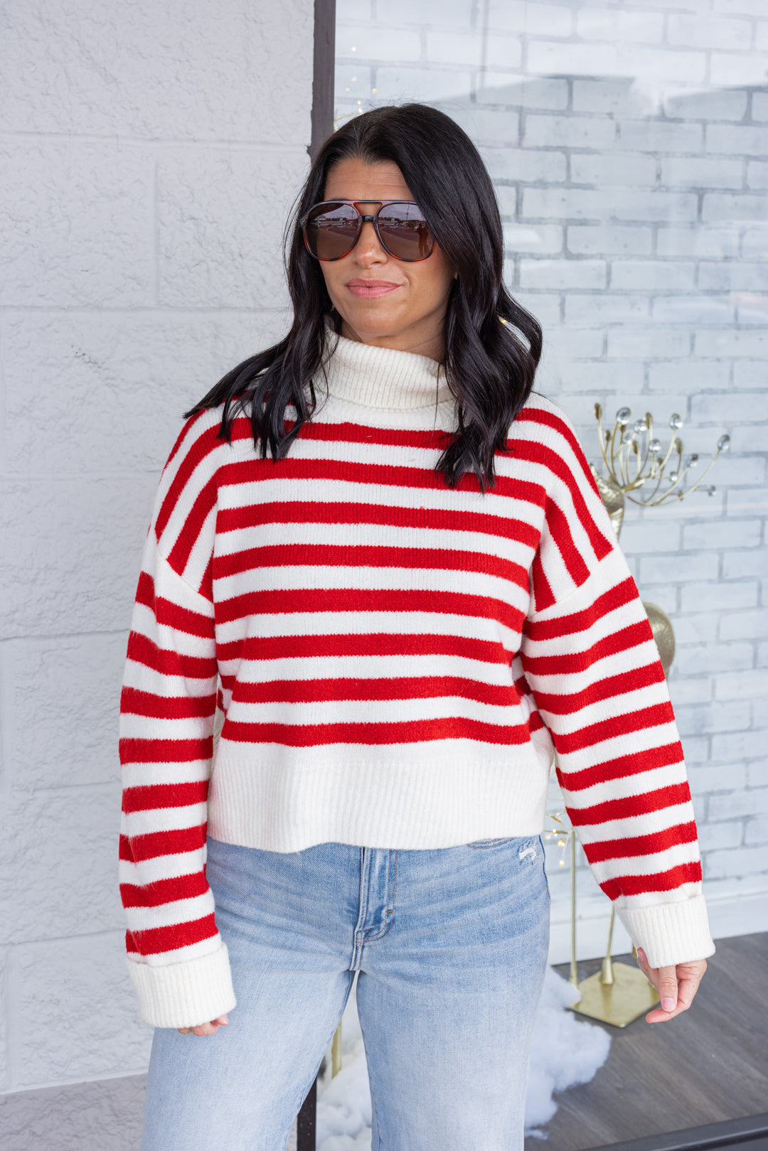 Women's red and cream striped knit cropped turtleneck sweater by hyfve