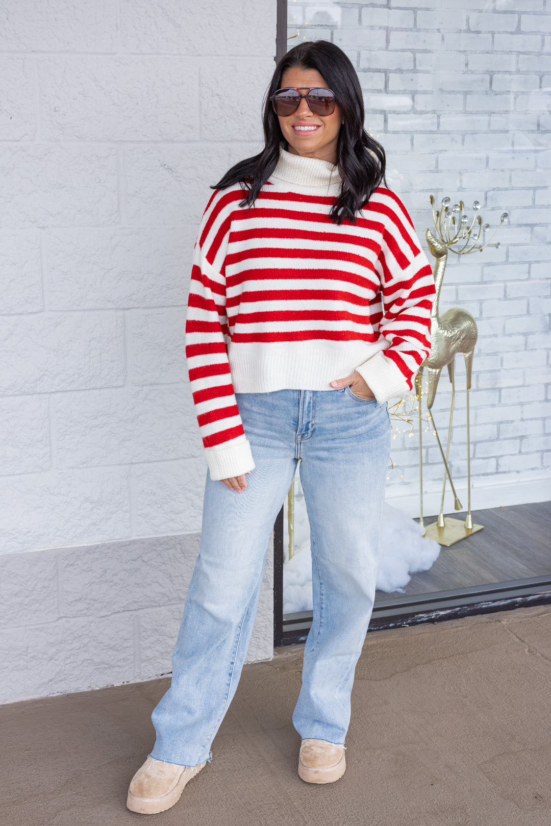Women's red and cream striped knit cropped turtleneck sweater by hyfve showing full front view