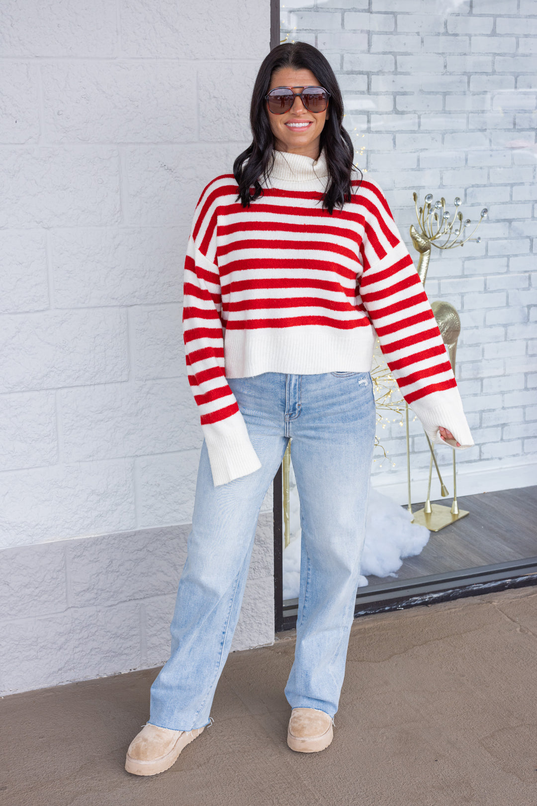 Women's red and cream striped knit cropped turtleneck sweater by hyfve, perfect for the cooler weather