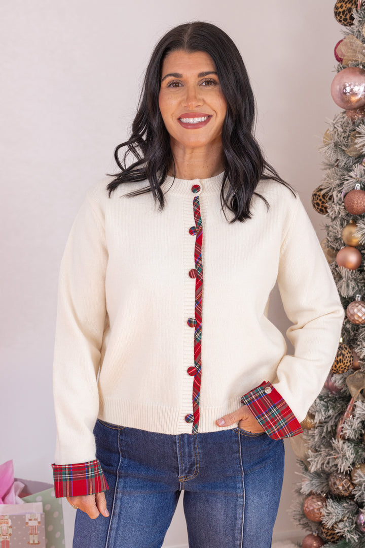 Women's cream button front sweater knit cardigan with contrasting red plaid trim by Entro