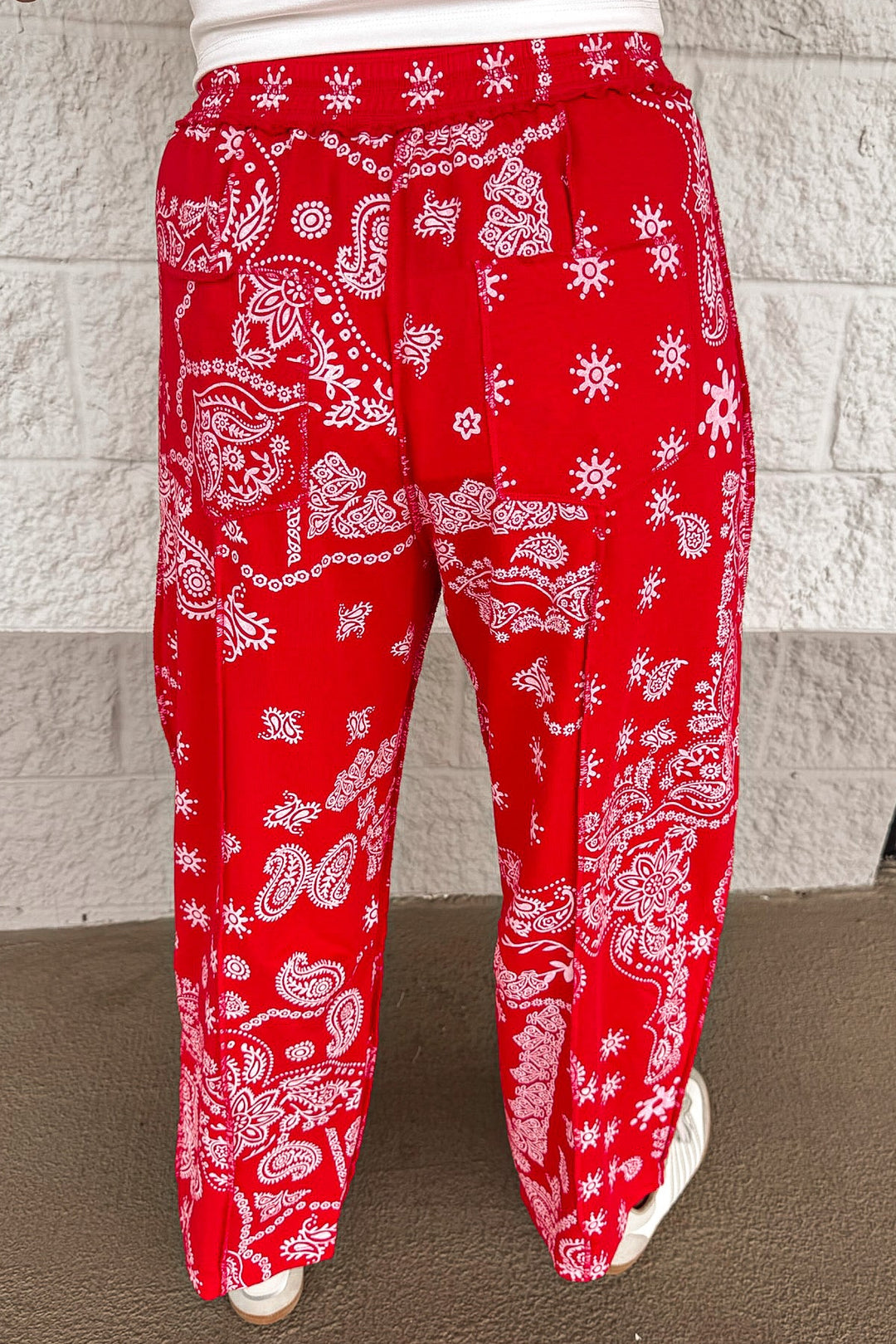 red and white bandana print wide leg knit cropped barrel pants with back pockets