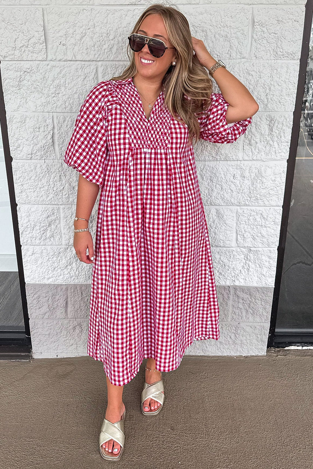 deep red and off white gingham checkered print short puff sleeve maxi dress