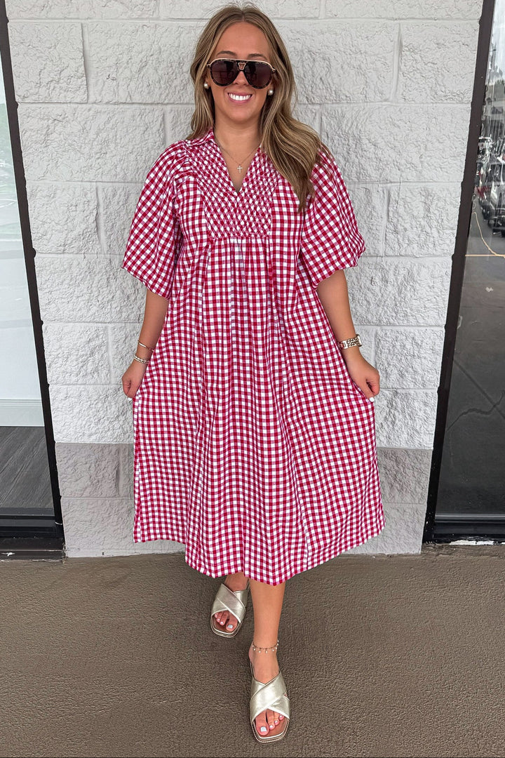 deep red and off white gingham checkered print short sleeve loose fit maxi dress