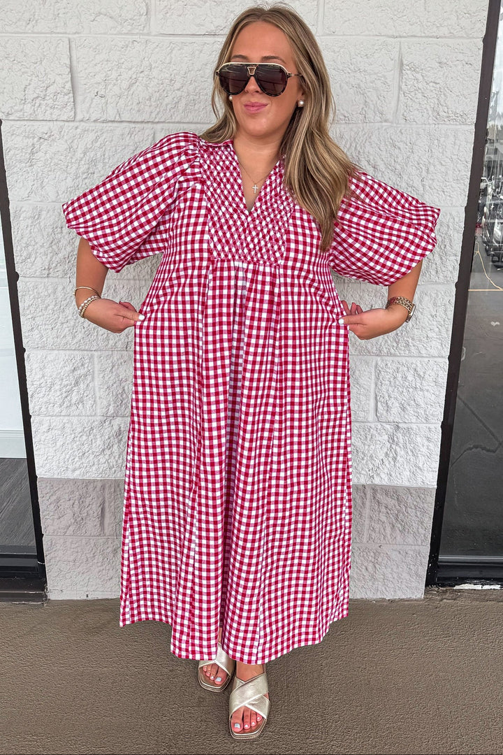 deep red and off white gingham checkered print short sleeve relaxed silhouette maxi dress