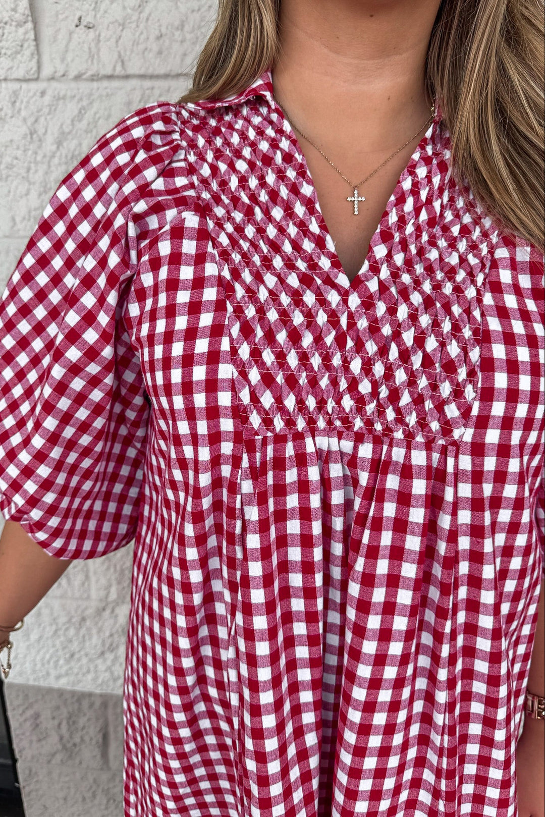 deep red and off white gingham checkered print short sleeve v neckline maxi dress
