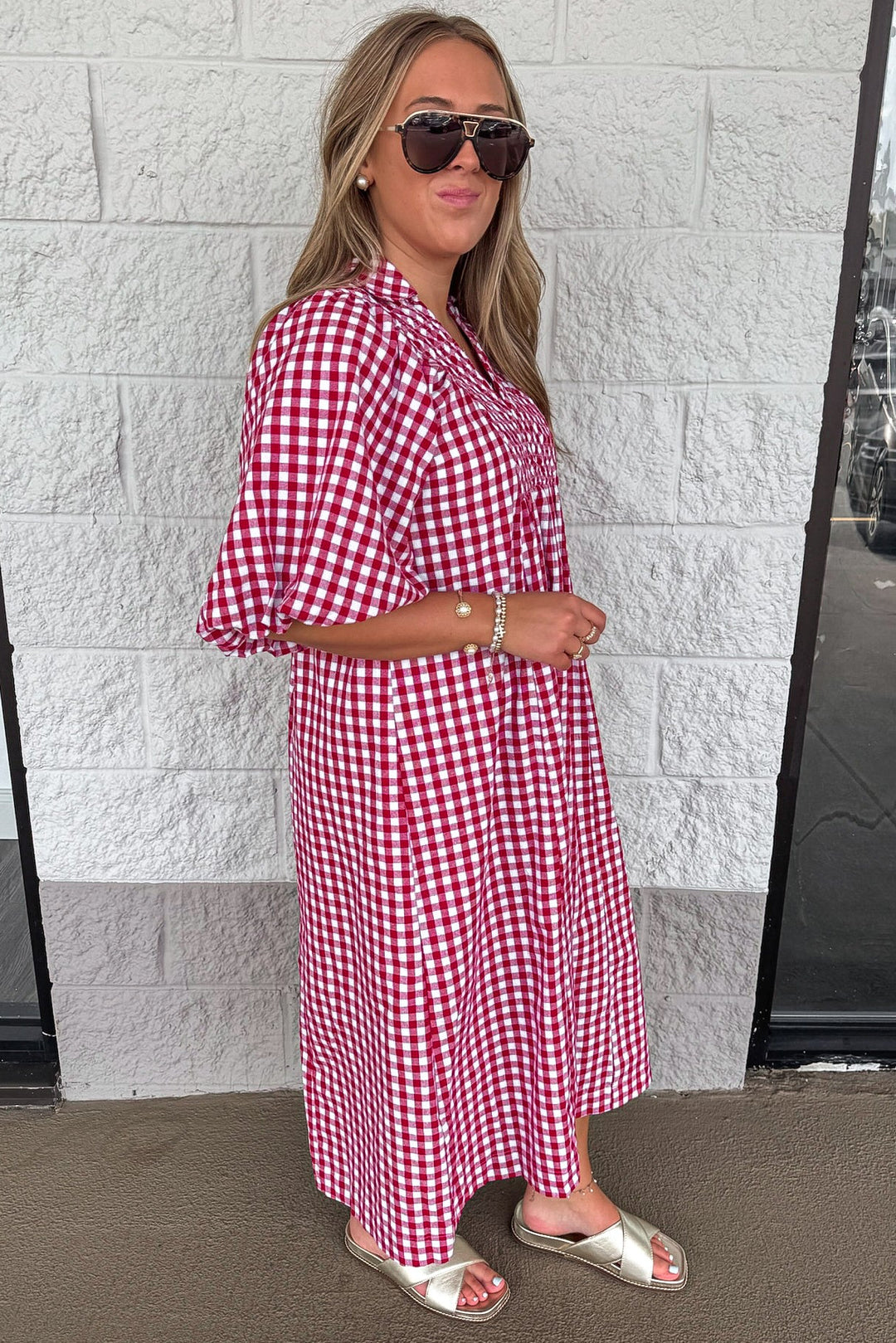 deep red and off white gingham checkered print short sleeve collared neckline maxi dress
