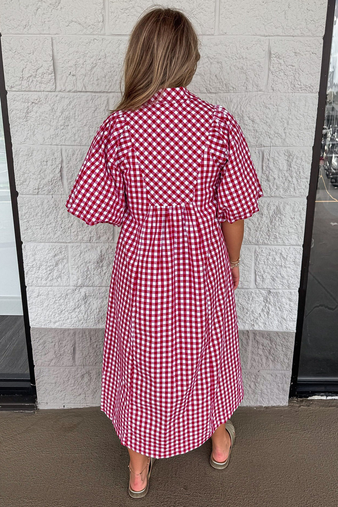 red and off white gingham checkered print short sleeve maxi dress