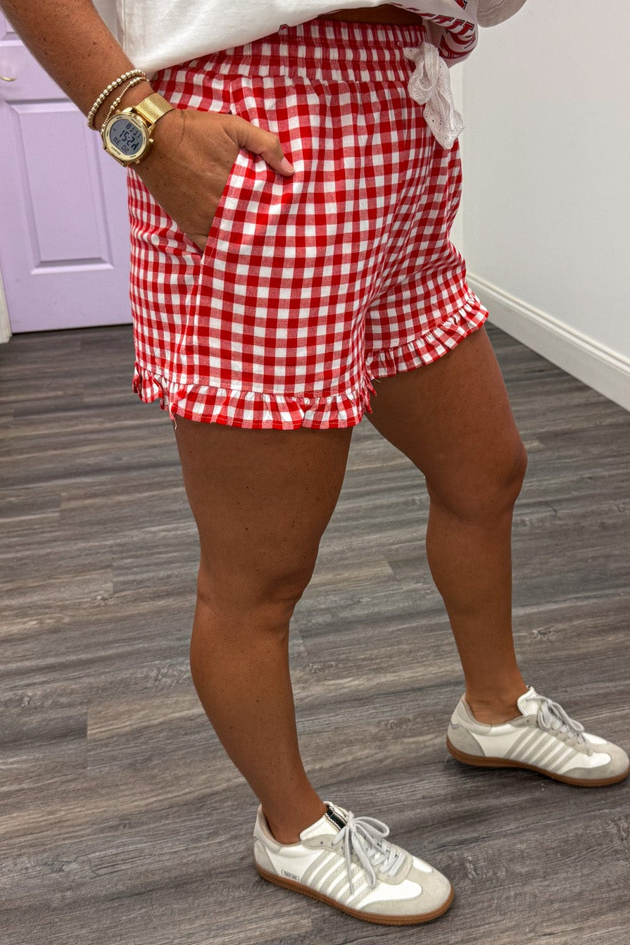 red and white gingham checkered print ruffle hem cotton shorts with side pockets