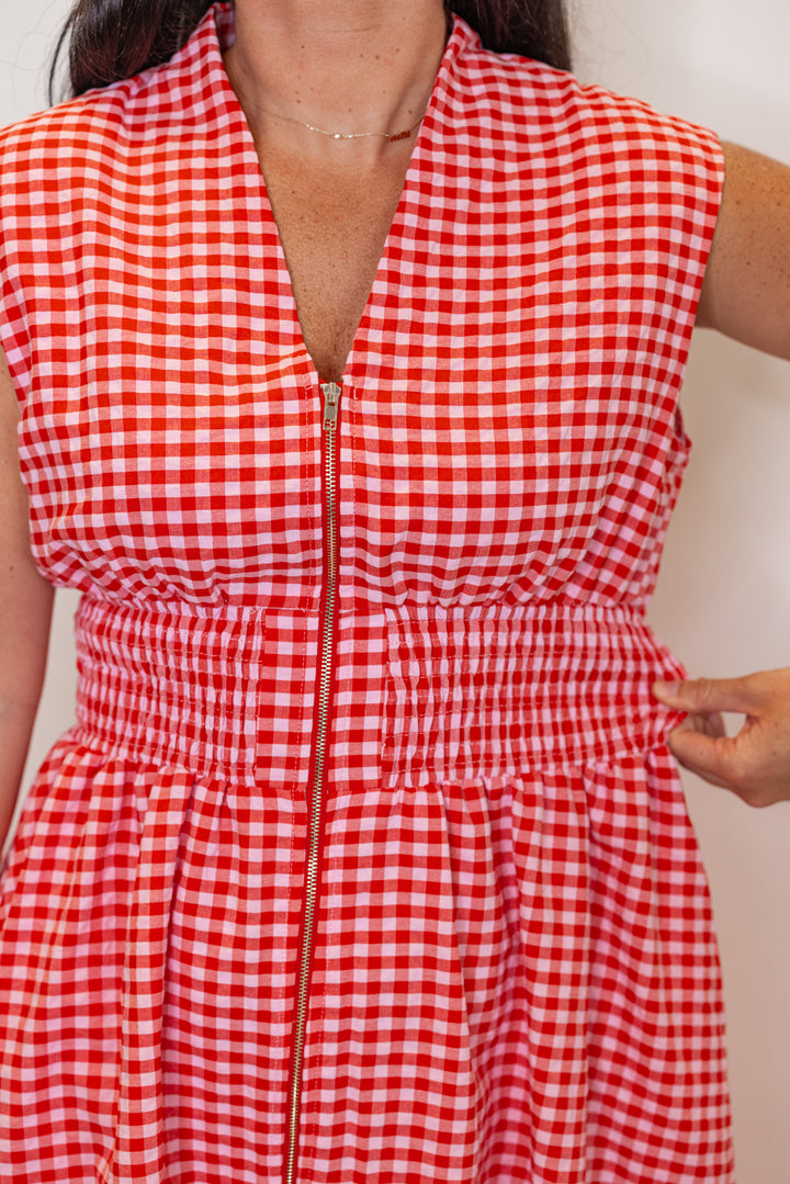 red white gingham smocked waist midi dress