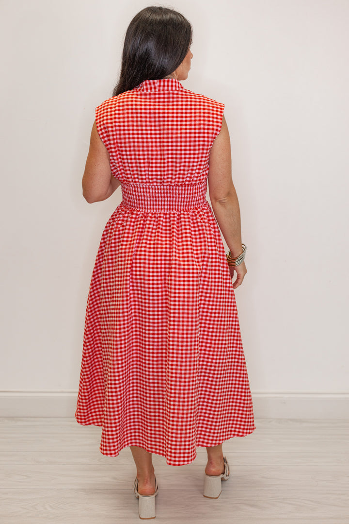 red white gingham smocked waist midi dress