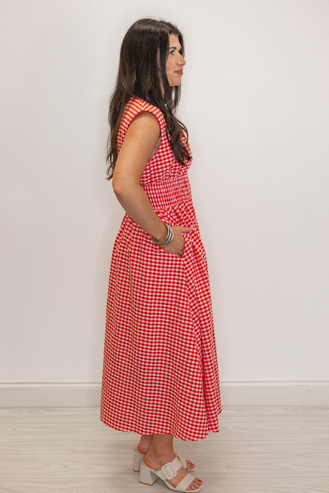 red white gingham smocked waist midi dress