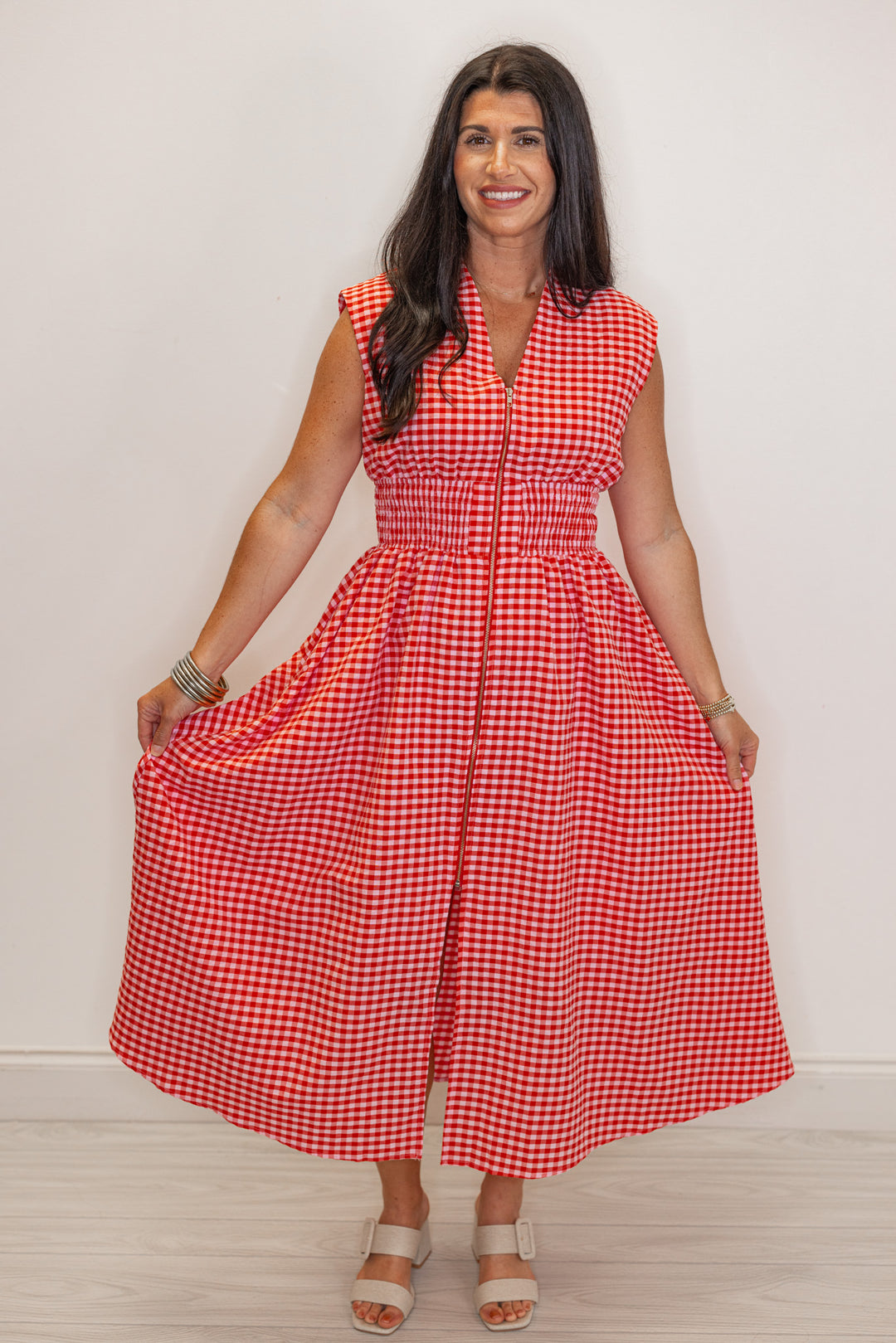 red white gingham smocked waist midi dress