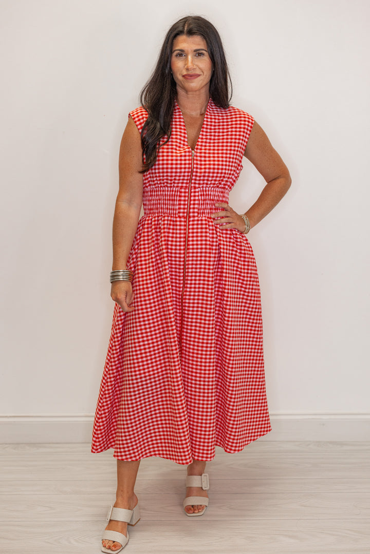 red white gingham smocked waist midi dress
