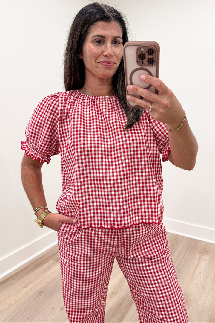 red and white gingham checkered print scalloped trim crew neckline top and pants matching set