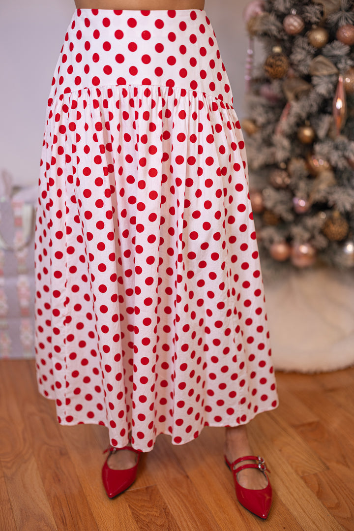 Red Polka Dot Maxi Skirt by Day + Moon showing up close, front view