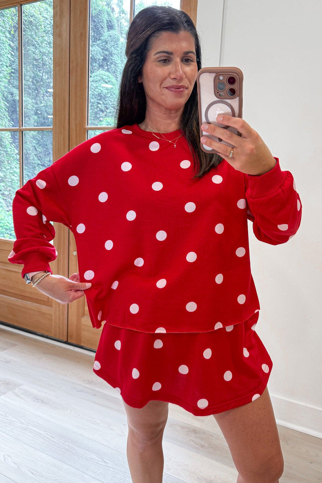 red with white polka dot print relaxed fit top and skort matching terry cotton knit set