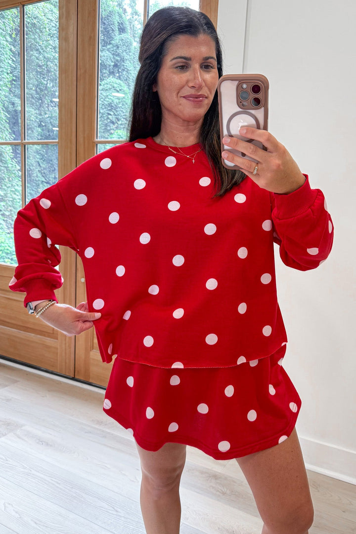 red with white polka dot print relaxed fit top and skort matching terry cotton knit set