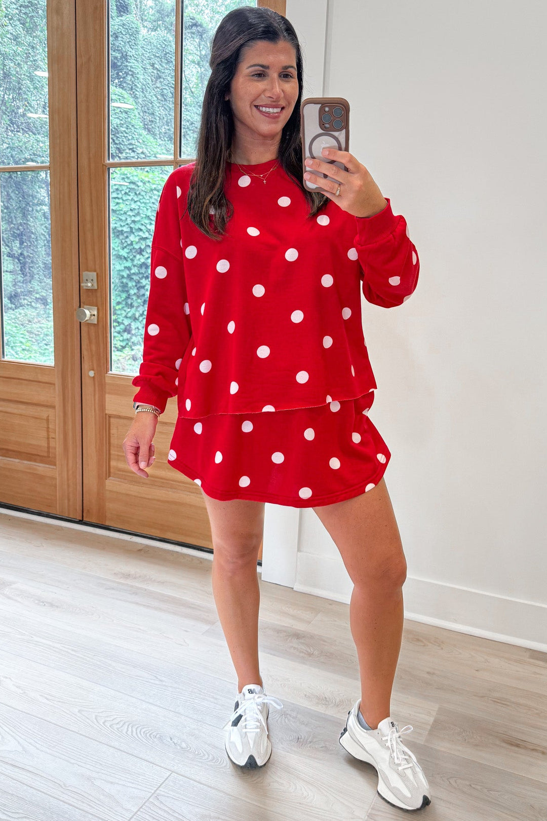 red with white polka dot print top and skort matching terry cotton knit set